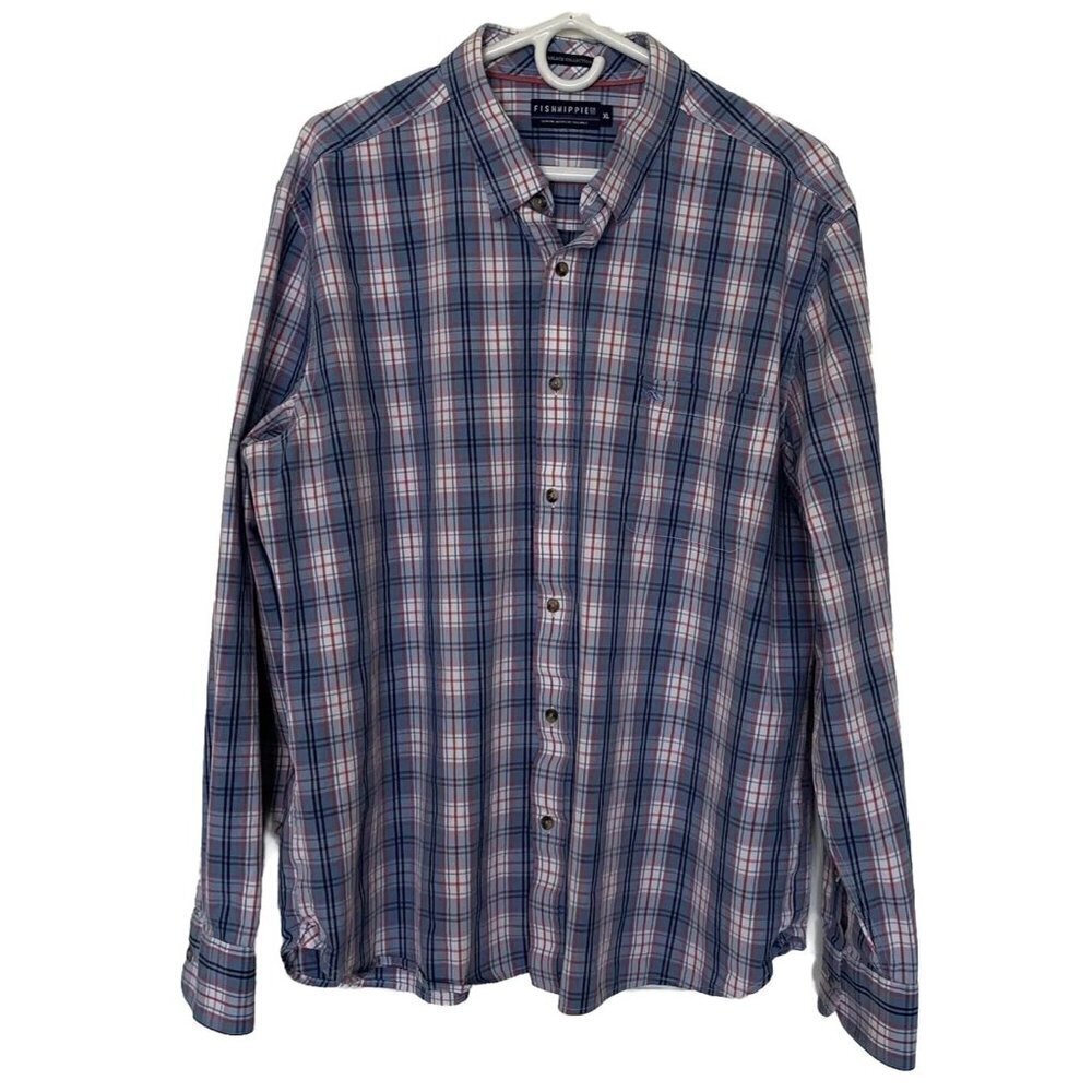 Fish Hippie Solace Collection White Blue Plaid Button Down Shirt XL Long Sleeve